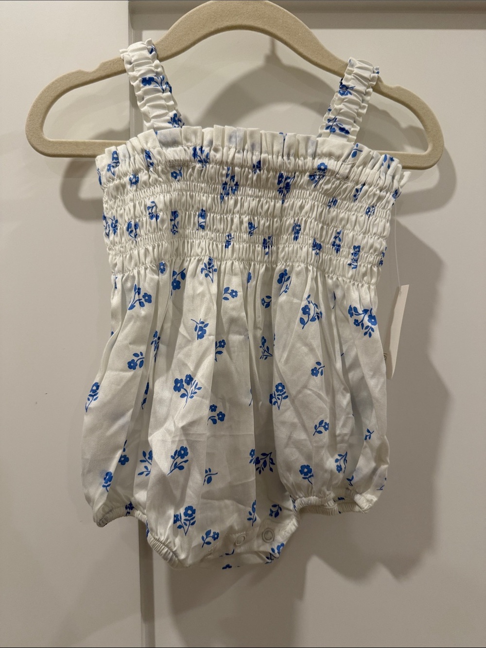 Smocked Floral Baby One-Piece Romper - White with Blue Floral